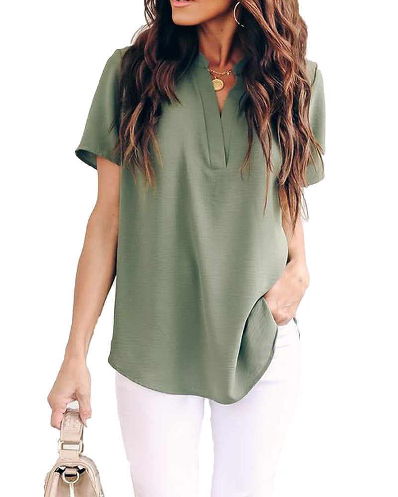 Allimy Women Summer Casual Short Sleeve Tunic Tops for Leggings Chiffon Dressy Blouses Pastel S Army - Image 2